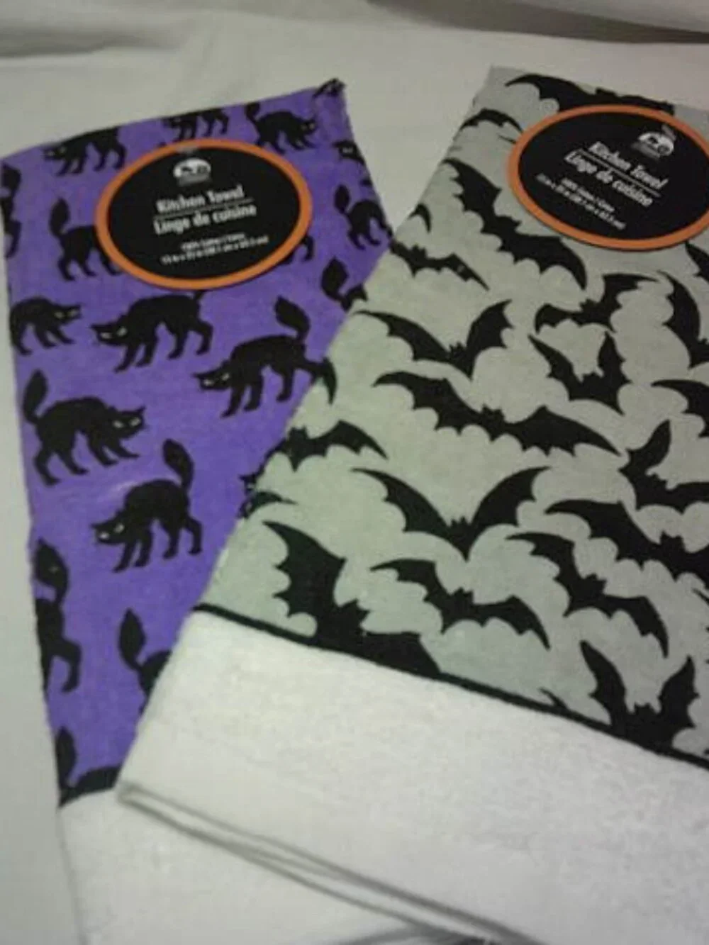 LOT 2 NEW HALLOWEEN KITCHEN TOWELS BATS & CATS DESIGN 100% COTTON GREENBRIER INT